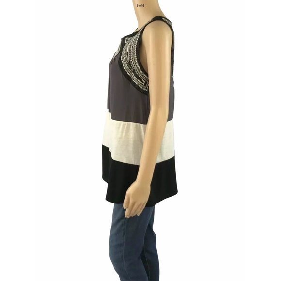 Cocomo Sleeveless Tunic Top S Embroidered Black Gray Cream Block Stripe - Picture 5 of 6